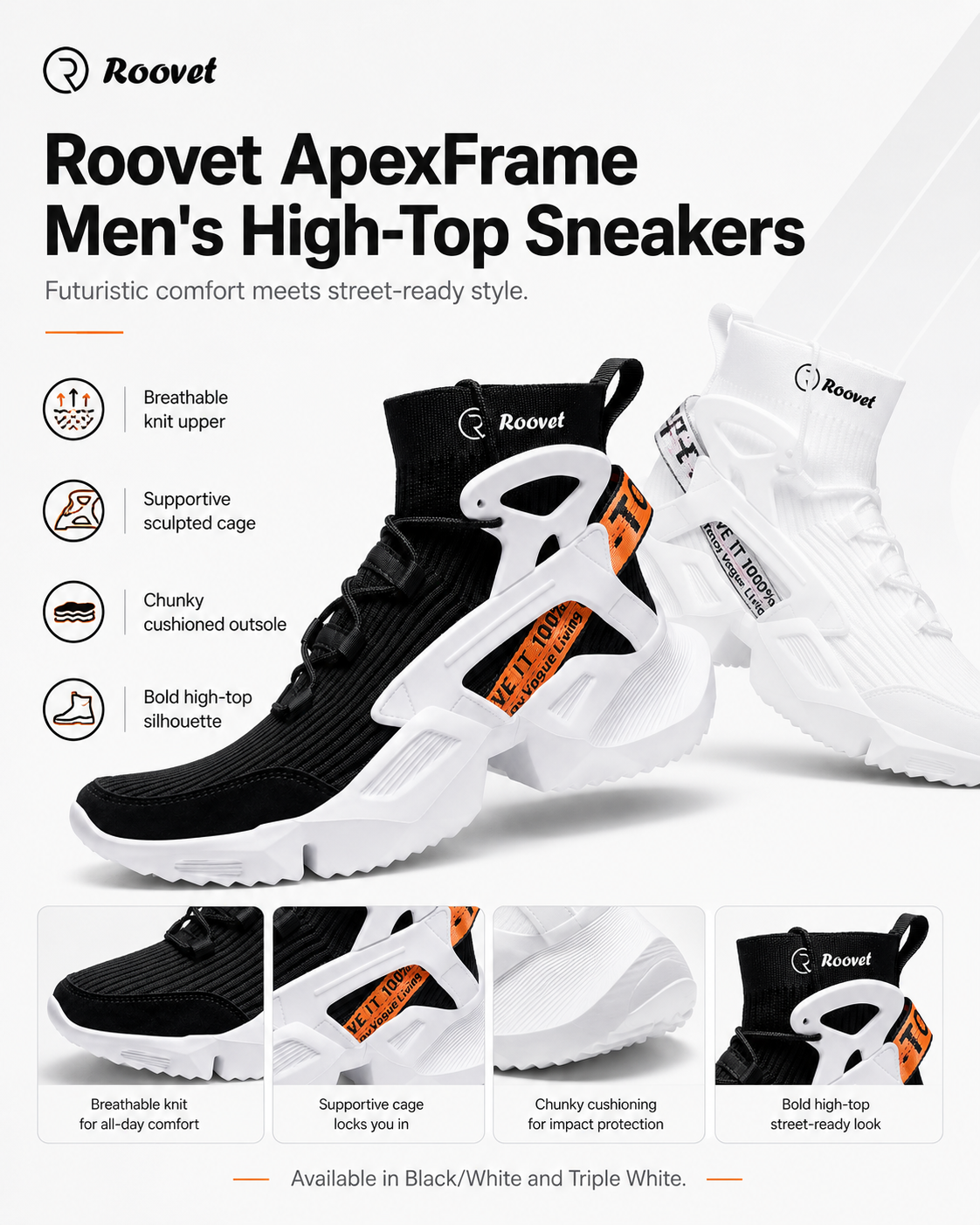 Roovet ApexFrame Men’s High-Top Sneakers – Futuristic Streetwear Comfort thumbnail 3