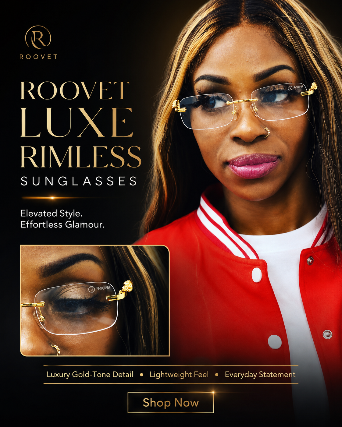 Roovet Luxe Rimless Sunglasses – Gold Accents, Premium Clear & Tinted Lenses thumbnail 12