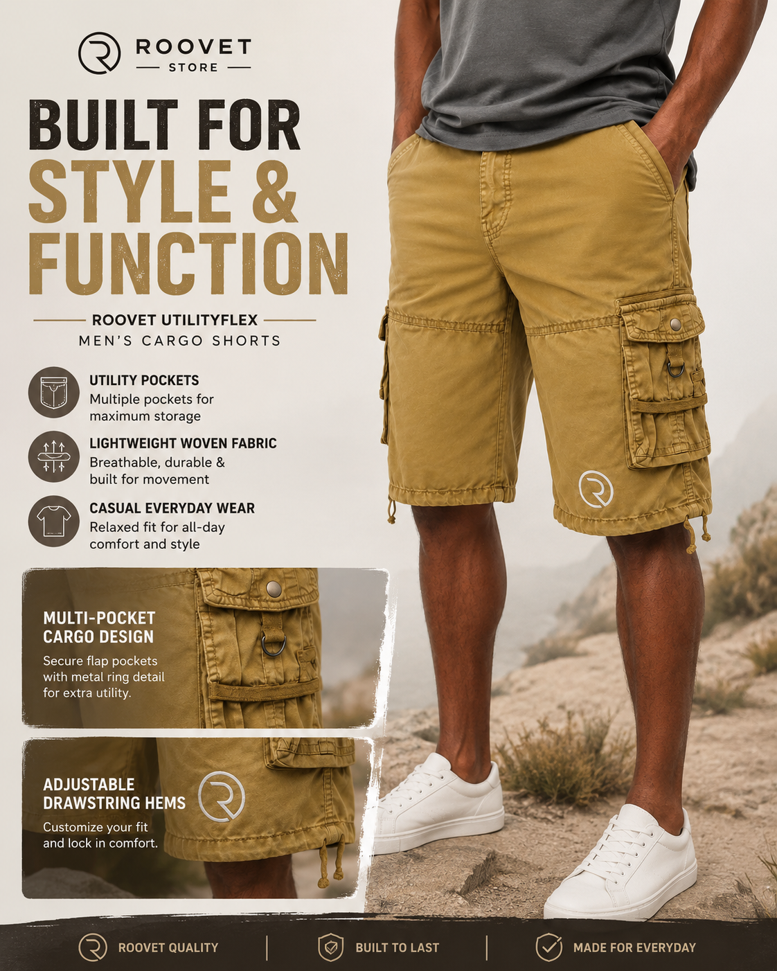 Roovet UtilityFlex Men’s Cargo Shorts – Multi-Pocket Casual Utility Shorts thumbnail 9