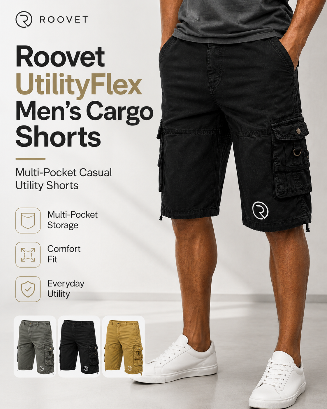 Roovet UtilityFlex Men’s Cargo Shorts – Multi-Pocket Casual Utility Shorts thumbnail 7
