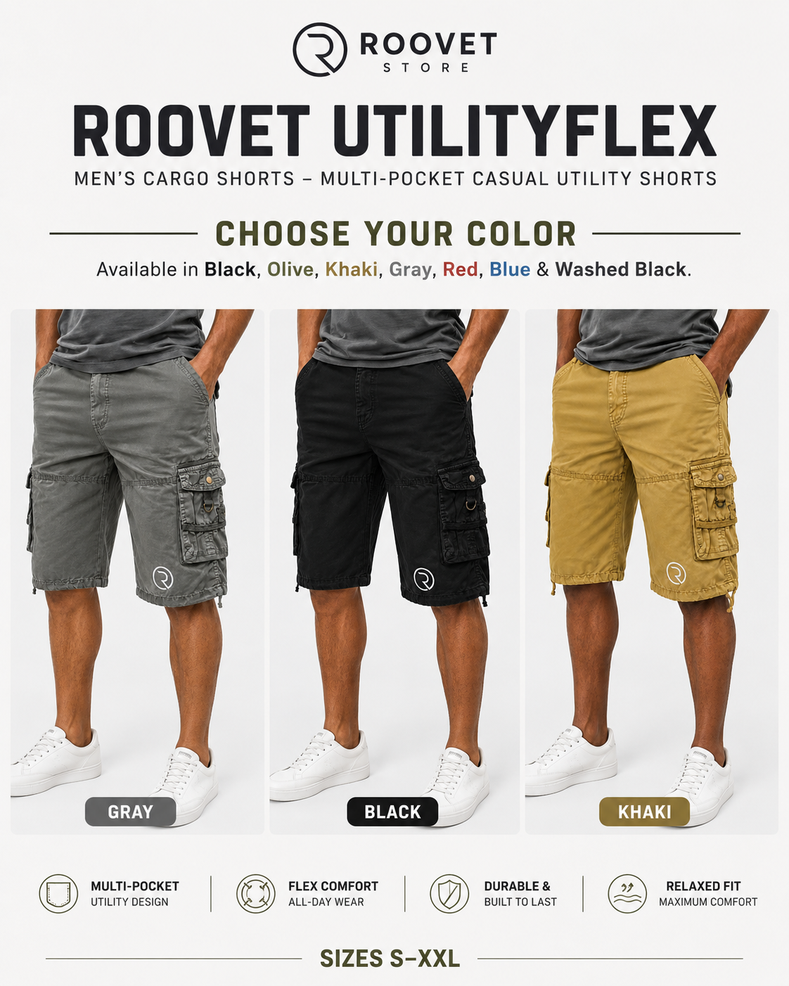 Roovet UtilityFlex Men’s Cargo Shorts – Multi-Pocket Casual Utility Shorts thumbnail 8