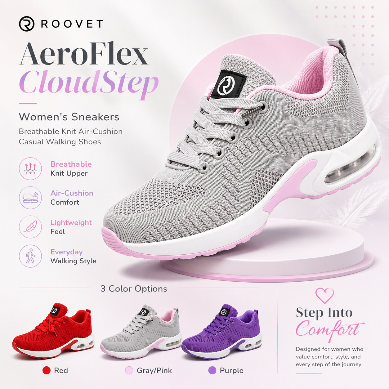 RooVet AeroFlex CloudStep Women’s Sneakers – Breathable Knit Air-Cushion Casual Walking Shoes thumbnail 9