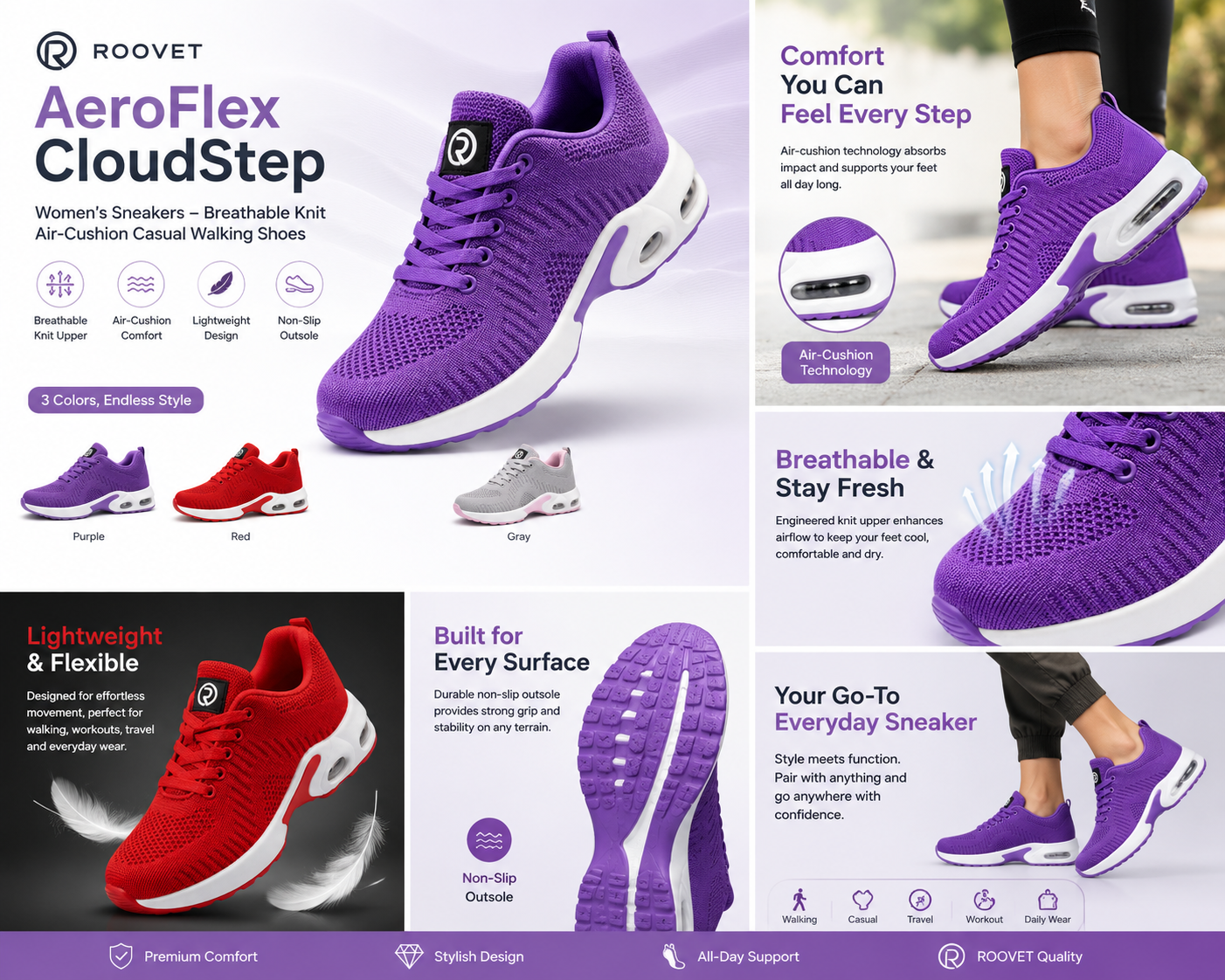 RooVet AeroFlex CloudStep Women’s Sneakers – Breathable Knit Air-Cushion Casual Walking Shoes thumbnail 8