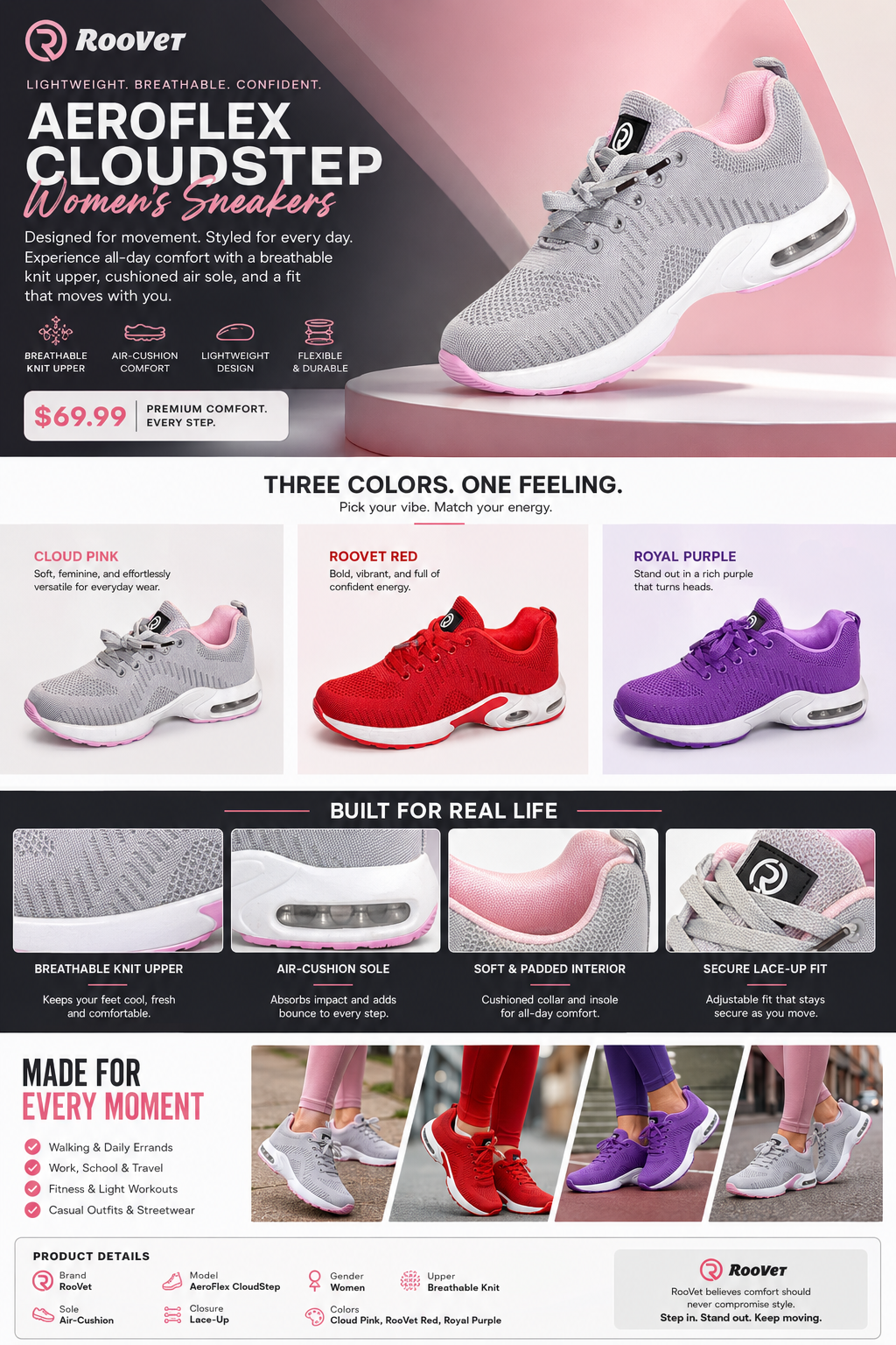 RooVet AeroFlex CloudStep Women’s Sneakers – Breathable Knit Air-Cushion Casual Walking Shoes thumbnail 10