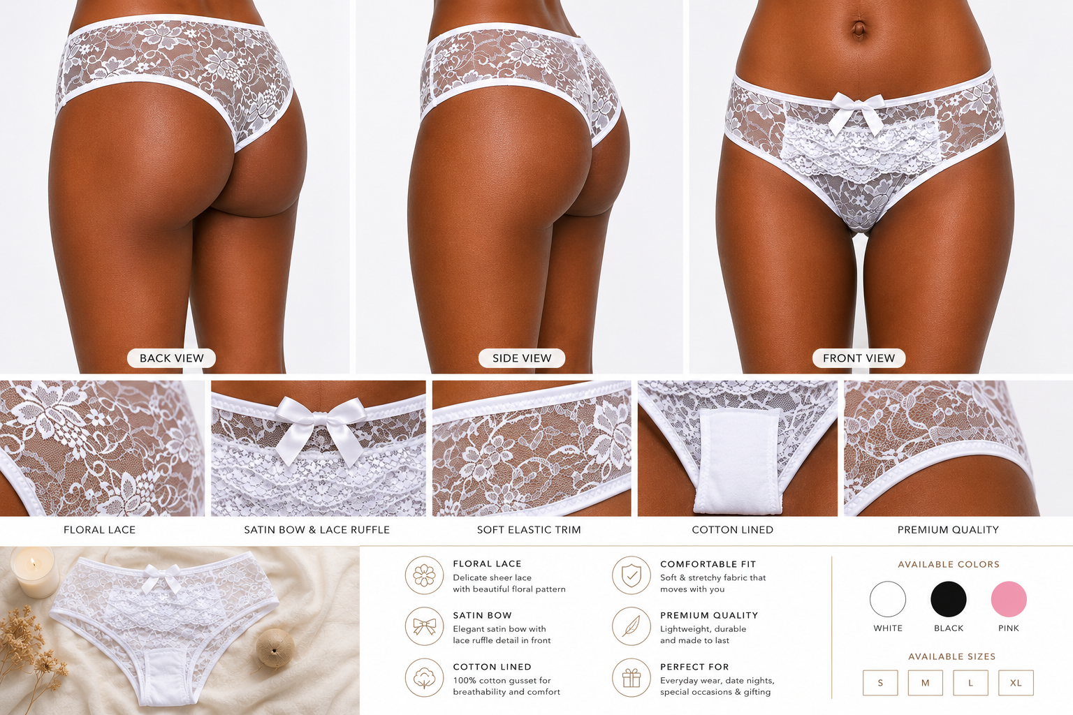 Roovet Allure White Lace Bow-Tie Open-Crotch Panties thumbnail 3