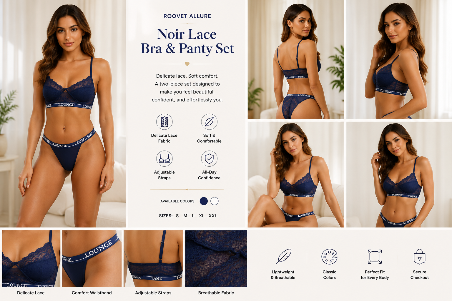 Roovet Lounge Royal Blue Lace Bralette & Thong Lingerie Set thumbnail 17