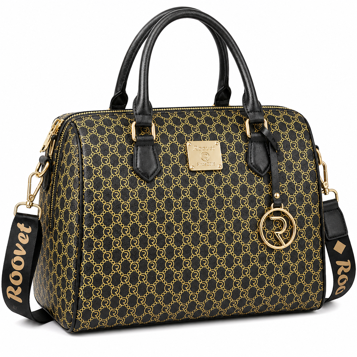 Roovet Signature Exclusive Handbag Purse – Black & Gold Monogram Luxury Satchel thumbnail 6