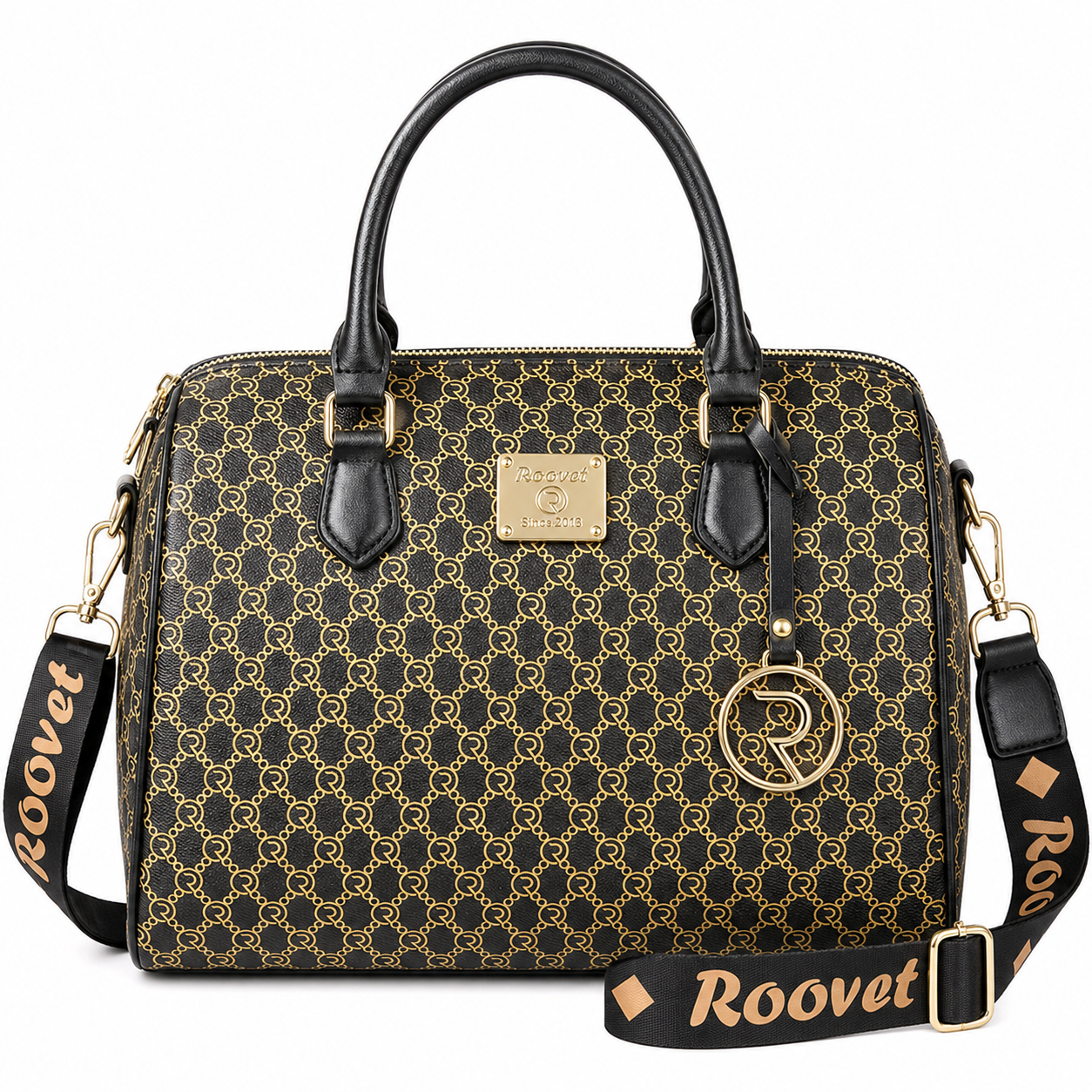 Roovet Signature Exclusive Handbag Purse – Black & Gold Monogram Luxury Satchel